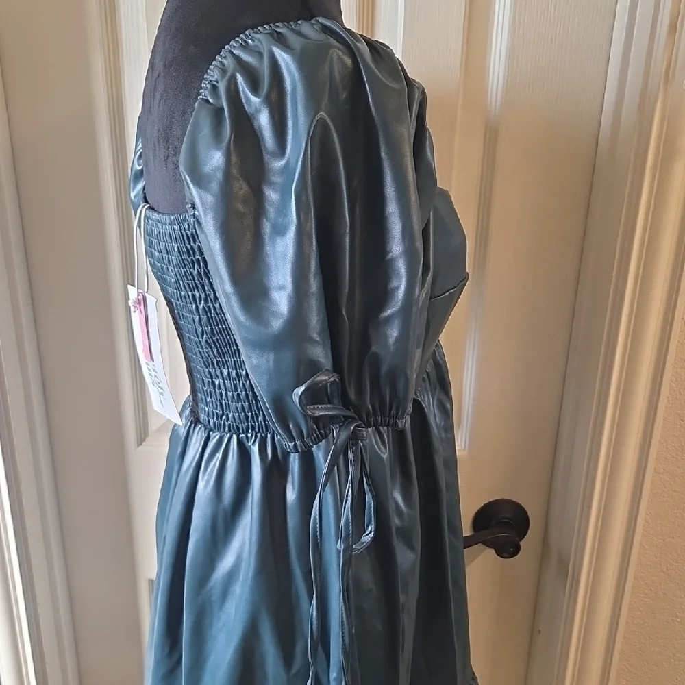 Chic Dark Green Faux Leather Puff Sleeve Mini Dress - Picture 12 of 16